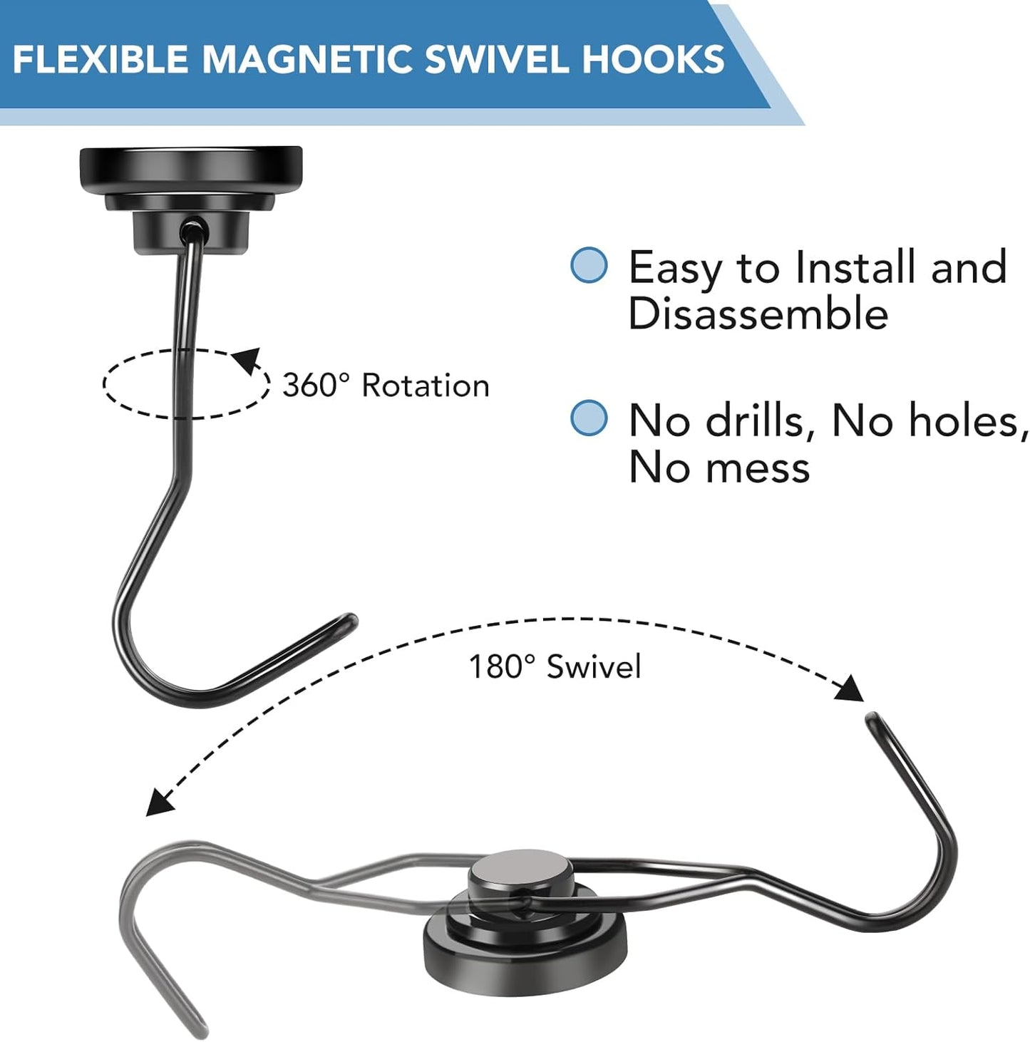 DIYMAG Swivel Swing Magnetic Hooks,Black Strong Heavy Duty Neodymium Magnet Hooks - Great for Your Refrigerator and Other Magnetic Surfaces