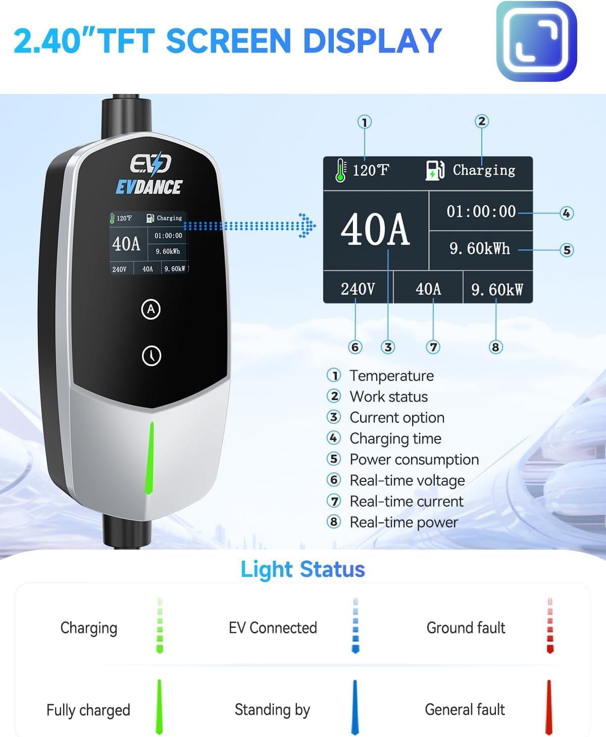 Level 2 EV Charger 40Amp, 240V 9.6KW Portable Electric Vehicle Charging Stations with NEMA 14-50P, 25FT Cable Adjustable Current/Timing Delay Home Electric Car Charger for J1772 BEVs/PHEVs