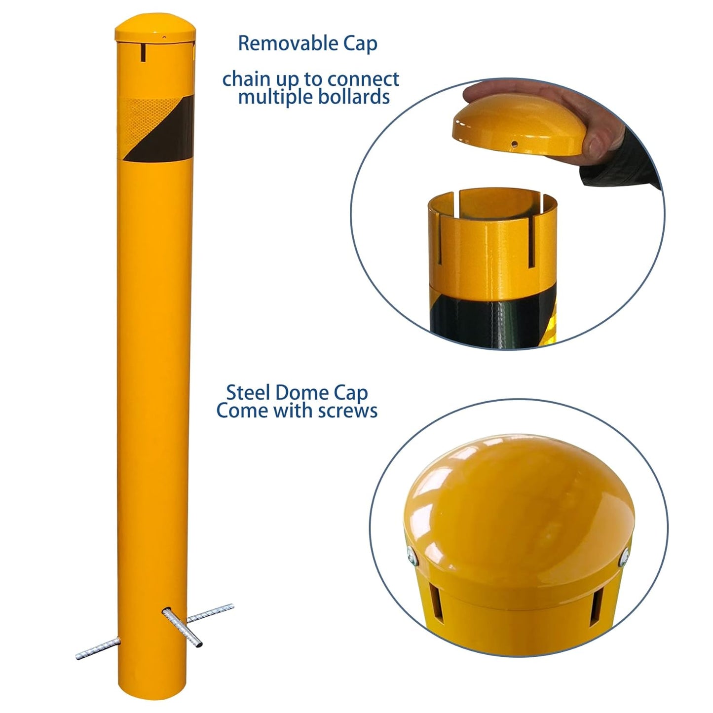58" High 5-1/2" OD Steel Bollard Post Underground Mount, Cap Removable Safety Bollard Yellow Powder Coat, Metal Bollard Parking, Safety Barrier