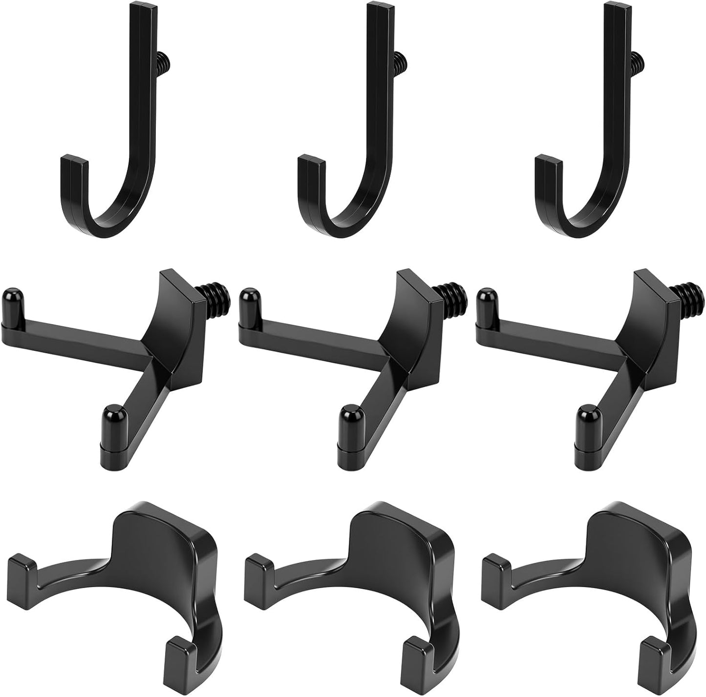 9 Pcs Storage Shed Tool Hooks Heavy Duty ABS Wall Mount Garage Hooks Set with Black J U V Shapes Tool Hangers Accessories for Shed Shelves Racks Ladders Garden Equipment Storage Organizer