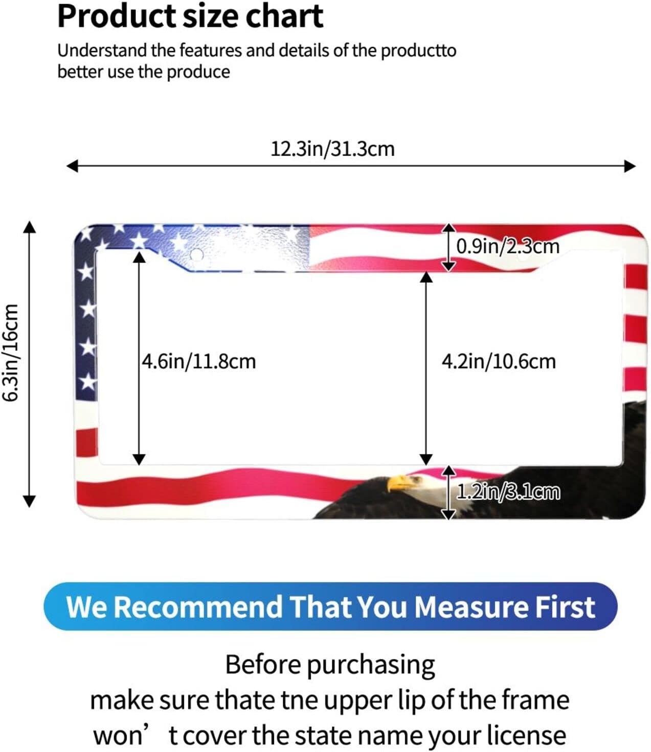 American Flag License Plate Frame American Flag License Plate Holder American Flag Eagle License Plate Frame Covers US Car Tag Frame Stainless Aluminum 2 Pack 2 Holes Decorative 2 Pcs Set for Men