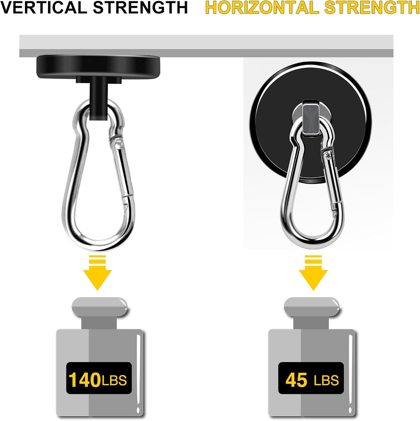 DIYMAG Black Magnetic Hooks, 150LBS Strong Heavy Duty Neodymium Magnet Hooks with Swivel Carabiner Hook, Great for Your Refrigerator and Other Magnetic Surfaces-36mm Diameter