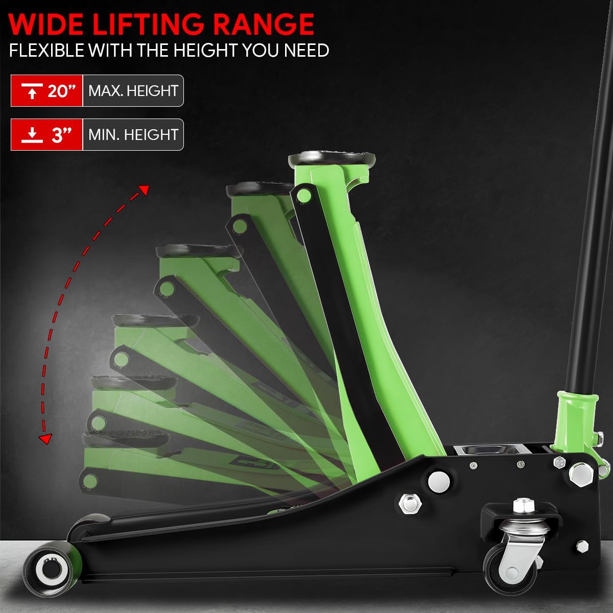 DNA MOTORING Low Profile Hydraulic Trolley Service/Floor Jack, 3 Ton (6000 lbs) Capacity Heavy Duty Hydraulic Car Jack, Lifting Range 3"-20", Green, TOOLS-00475-GR