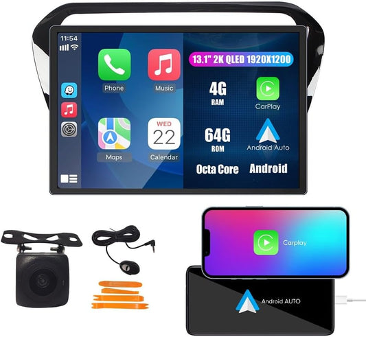 Kunfine Car CarPlay Android Auto Navigation Stereo GPS Radio Camera Display 13.1" QLED Touchscreen Headunit Tablet Media Player for Peugeot 301 2013-2022, if Applicable Octa Core 4G+64G Gloss Black