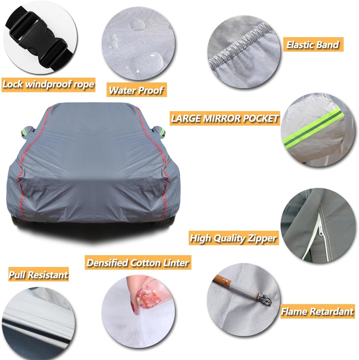 AUQDD 6-Layers PEVA New Material Sedan SUV Full Padded Car Cover Waterproof All Weather Weatherproof UV Sun Protection Snow Dust Storm Resistant Outdoor Exterior Custom Form-Fit Straps 205"-216" Gray
