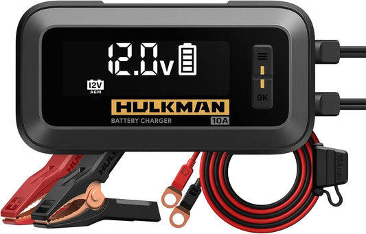 Hulkman Sigma 10, 10A 12V/6V Car Battery Charger for 30-240Ah, Battery Maintainer and Float Charger, Trickle Charger with Desulfator for Lead-Acid, LiFePO4 Battery, Automobile, Truck, Motorcycle, RV