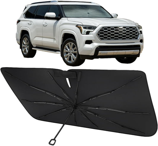Proadsy Windshield Sun Shade Umbrella for Toyota Sequoia 2023-2025 2026 Foldable Car Umbrella Sunshade with Soft TPU Handle Spring Structure Crystal Cooling Material Protect Car from Rays & Heat
