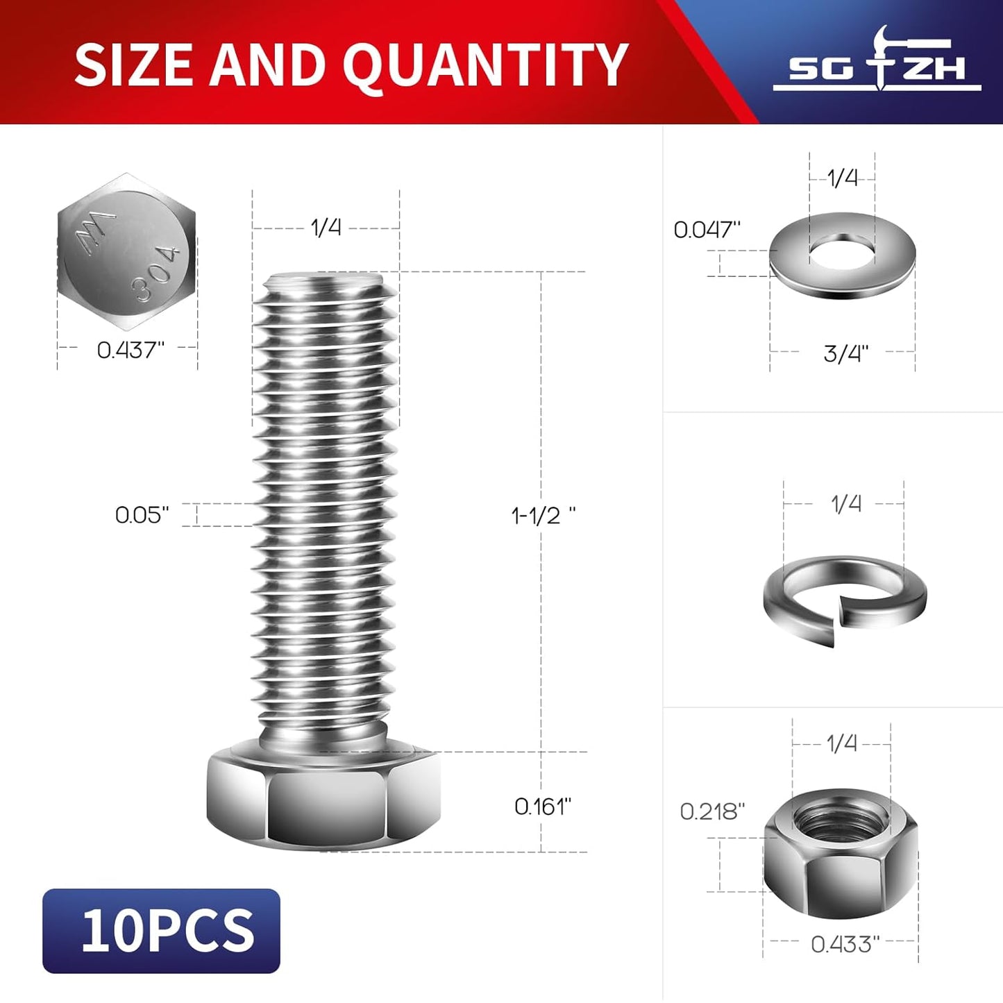 1/4-20 x 1-1/2" Hex Head Screw Bolt, Nuts, Flat & Lock Washers, 10Pcs 18-8 (304) Stainless Steel, Fully Threaded, by SG TZH