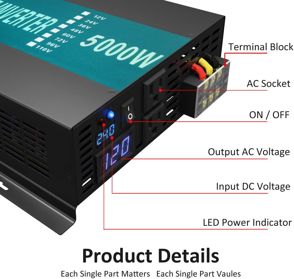 WZRELB Pure Sine Wave 5000W (10000W Surge) 24V Power Inverter DC to AC Power - Solar, RV, RBP-S500024