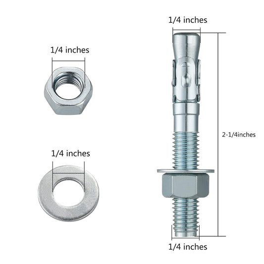 1/4x2-1/4" 50Pcs Inch Standard Fasteners for Heavy-Duty Zinc Wedge Anchors for Cement and Concrete