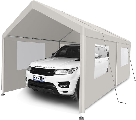 Car Canopy Portable Garage Duty Carport with Roll-up Windows,Portable Garage with Removable Sidewalls & Doors, Car Canopy with All-Season Tarp for Car Boat Truck Motorcycle 10FT×20FT (White)