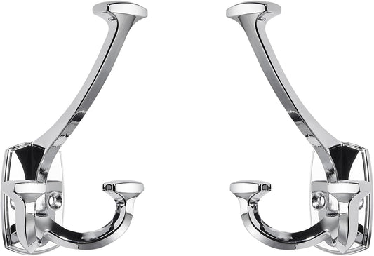 Large Wall Double-Sided Hook 2 Pack Polished Chrome Hook Decorative Heavy Duty Solid Large Coat Hooks for Towel Hanging Coats Robe Towel Bags Door Back 2 Prong Hooks