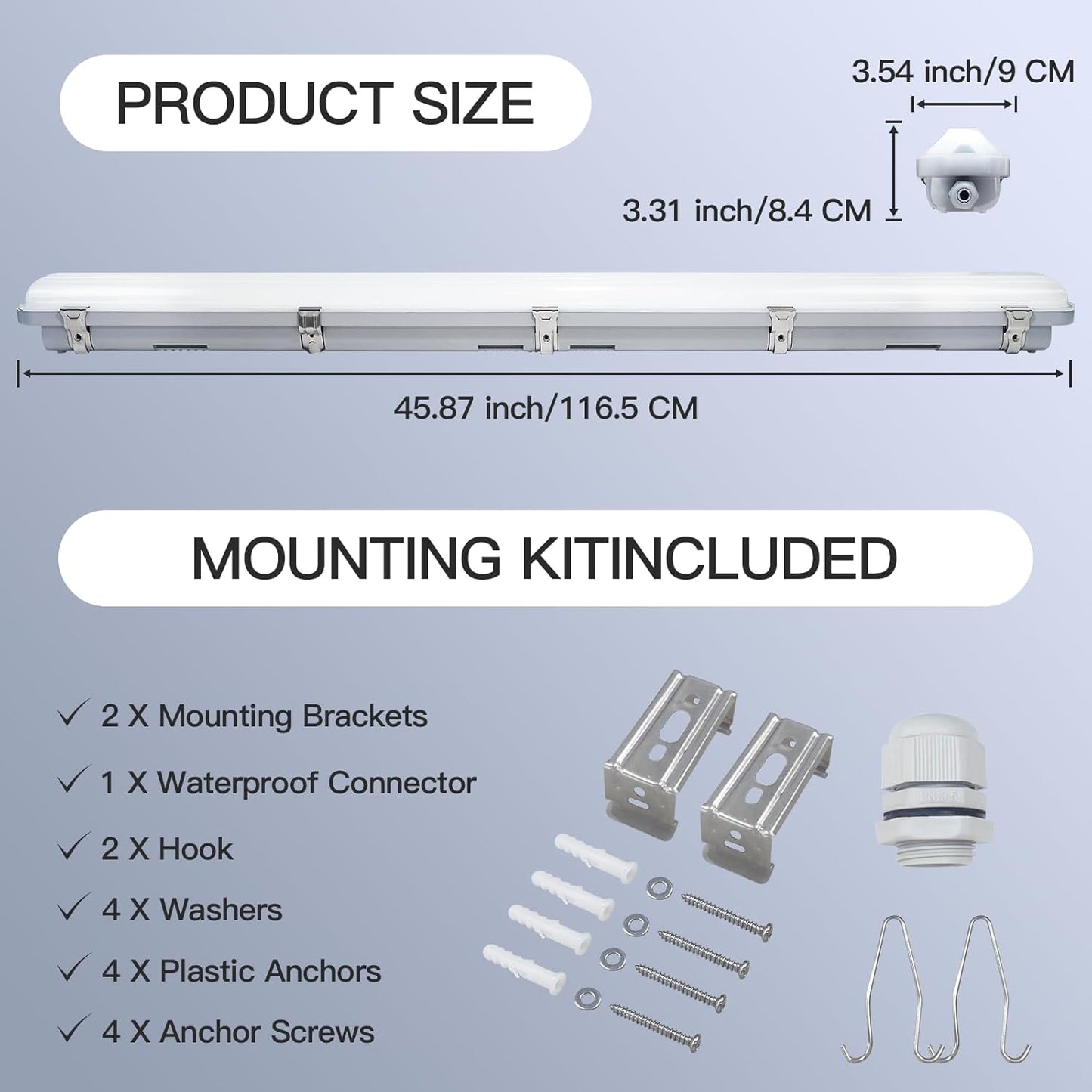 JTT LED Vapor Tight Light 60W/50W/40W 7800lm (180W Eq.), Waterproof LED Outdoor Shop Light 6000K/5000K/4000K IP65 Vapor Proof Fixture for Parking Garage Car Wash Warehouse ETL Listed
