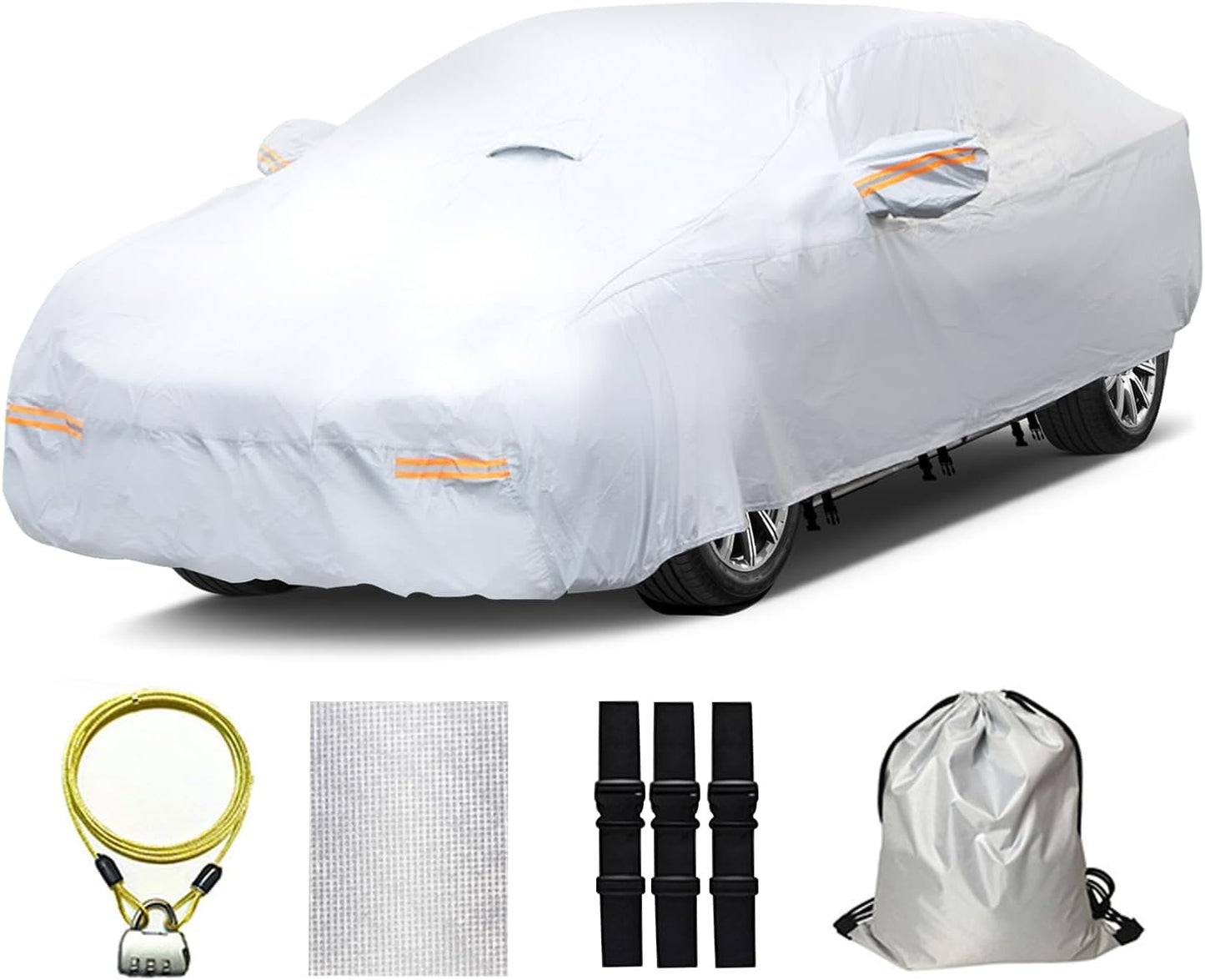 30 Layers Heavy Duty Car Cover for Automobiles All Weather Waterproof, Outdoor Snowproof UV Protection Windproof, Door Zipper, Soft Cotton Universal Car Covers (Silver, Fit Sedans 201"-210")