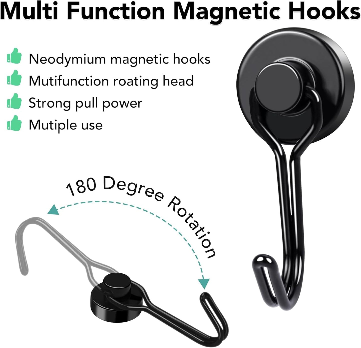 MIKEDE Magnetic Hooks, 40Lbs Heavy Duty Neodymium Magnet Hooks Black Magnets with Swivel Hooks for Hanging, Rust Proof Strong Magnets Hook, Magnetic Metal Hanger for Fridge, Storage, 6 Pack