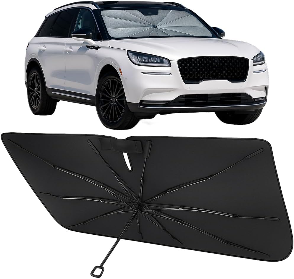 Proadsy Windshield Sun Shade Umbrella for Lincoln Corsair 2020-2025 2026 Foldable Car Umbrella Sunshade with Soft TPU Handle Spring Structure Crystal Cooling Material Protect Car from Rays & Heat