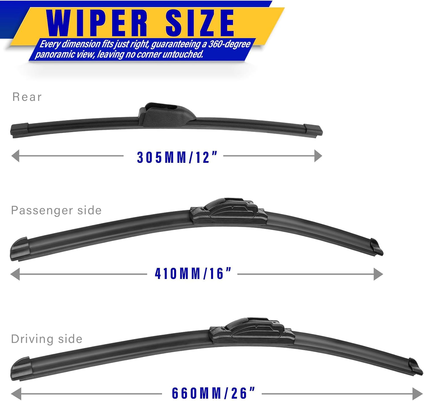 3 wipers Replacement for 2017-2021 2022 Kia Niro, Windshield Wiper Blades Original Equipment Replacement - 26"/16"/12" (Set of 3) U/J HOOK