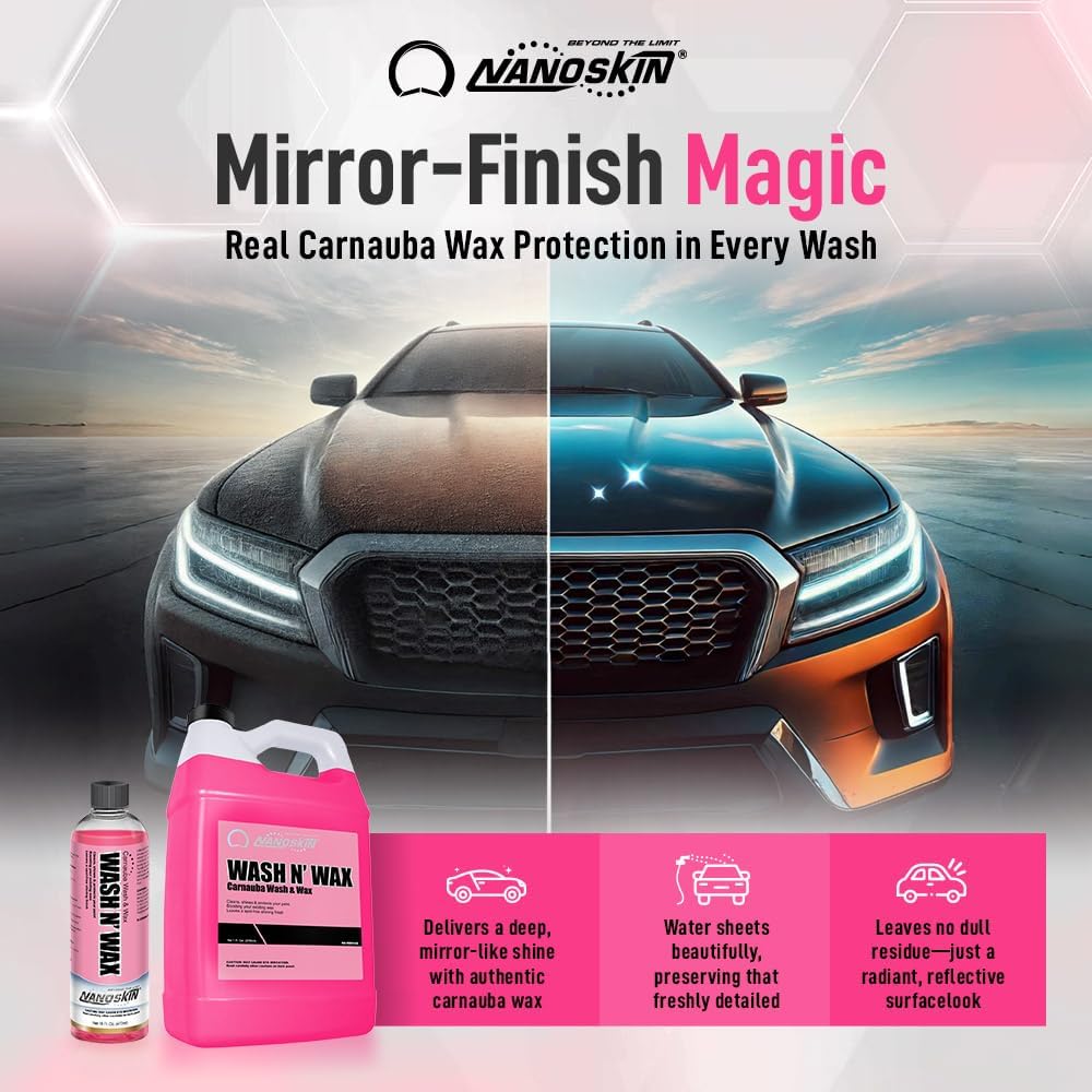 Nanoskin WASH N' WAX with Carnauba 16 Oz. - Cleans & Shines in One Step | Works with Foam Cannon, Foam Gun, Bucket Washes, Pressure Washer | Carnauba Wax Protection for Cars