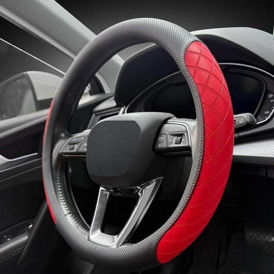 LKWLIKEI Nappa Leather Steering Wheel Cover, Elegant Diamond Checkered Design, Non-Slip wear-Resistant, Enhance Driving Comfort, Suitable for Steering Wheel Diameter 14 1/2‘-15’ Models .Black Red