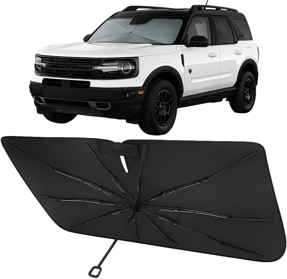 Proadsy Windshield Sun Shade Umbrella for Ford Bronco Sport 2021-2025 2026 Foldable Car Umbrella Sunshade with Soft TPU Handle Spring Structure Crystal Cooling Material Protect Car from Rays & Heat