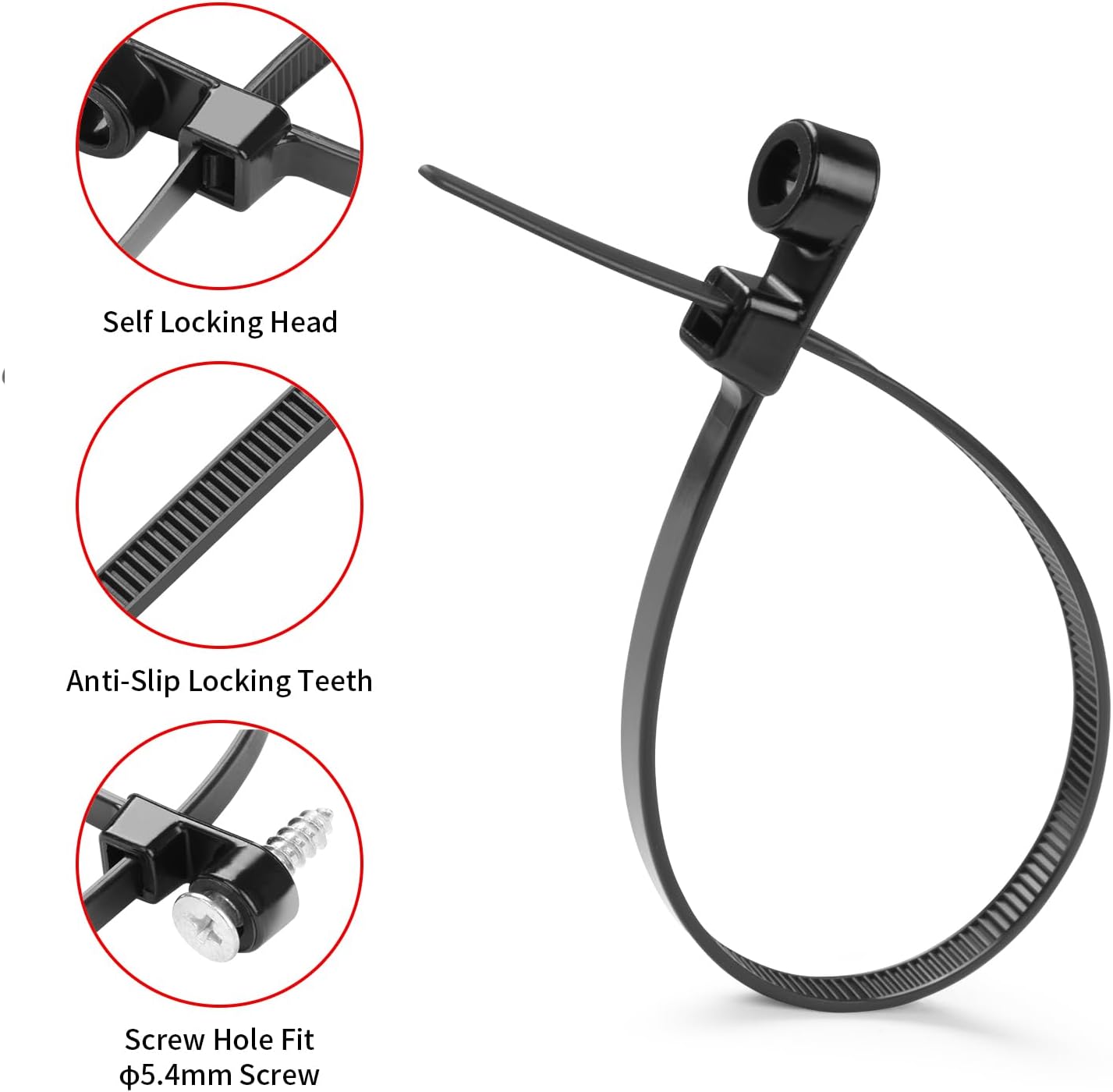 1000 PCS 14 inch Black Zip Ties with Screw Hole 70lbs Mountable head Cable Ties Straps Multipurpose Heavy Duty Nylon Cable Zip Ties with Screw Mounting Hole