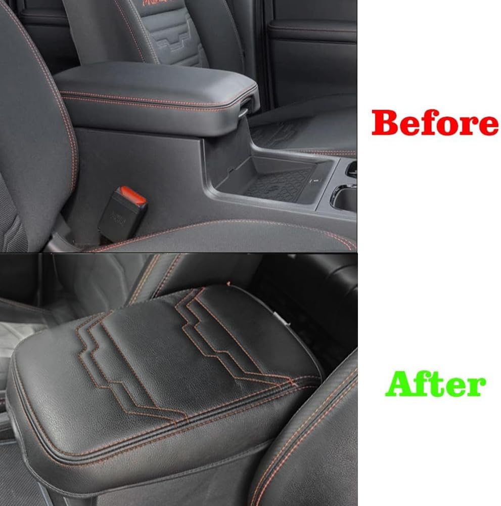 Muslogy for Frontier Center Console Pad Armrest Box Cover Vegan Leather Soft Accessories Armrest Lid Protector Compatible with Nissan Frontier 2022-2024 2025 (Regular Thick, V2 Orange Stitching)