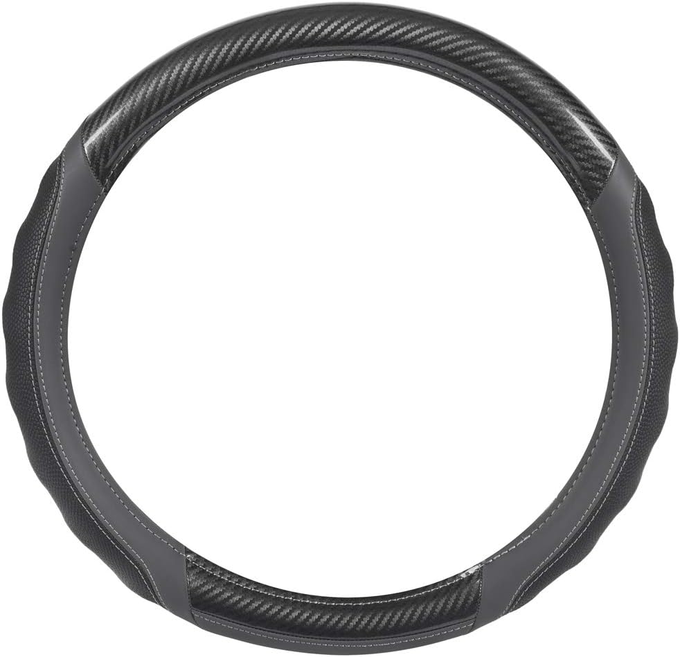 Motor Trend UltraSport Gray Carbon Fiber Steering Wheel Cover, Standard 15 inch Size, Black Faux Leather Comfort Grip, Car Steering Wheel Cover for Auto Truck Van SUV