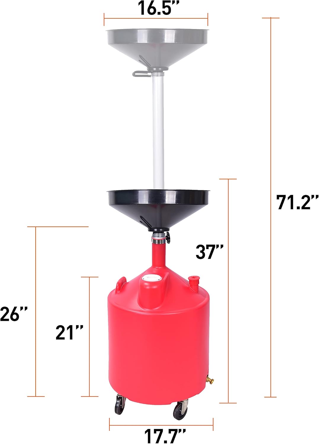 PONO Portable Waste Oil Drain Tank 18 Gallon with Steel Waste Oil Container, Adjustable Funnel Height, Oil Changing, Oil Dolly for Car Fluid Fuel Transfer Drainage
