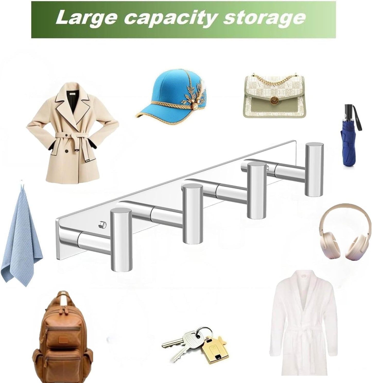 Wall Mounted Coat Rack-4 Hooks, Heavy Duty Stainless Steel Hook Rail for Towel Coat Hat Purse Bag Jacket, Towel Hooks for Entryway Bathroom Kitchen (Glossy 4 Hooks - 1 Pack)