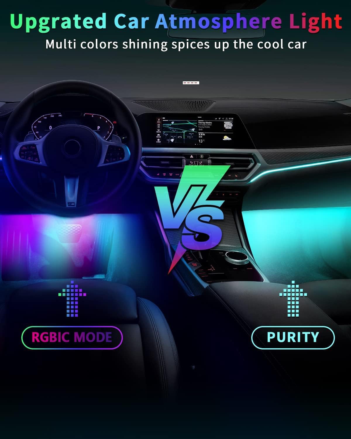 RGB Dream Color Interior Car Strip Lights with Smart APP Remote Control, DIY Mode and Music Mode, Multicolor Footwell Under Dash Chasing Inside Light Kits for Cars Truck ATV UTV with Car Charger