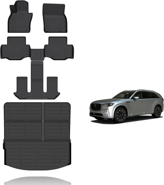 All Weather Floor Mats and Cargo Liners Set Fit for Mazda CX-90 & CX90 PHEV 7 Seater (2nd Row Captain Seat or Bucket Seat) 2024 2025 TPE Car Mats Rubber Trunk Liner CX90 Accessories