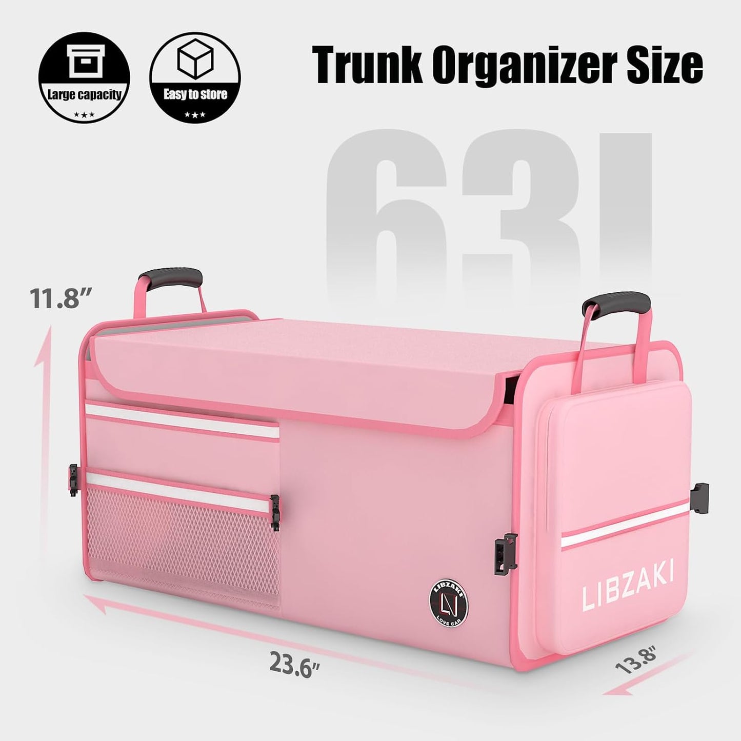 LIBZAKI Car Trunk Storage Organizer, Multi Compartment Collapsible Trunk Storage Box for Car Truck SUV-Pink
