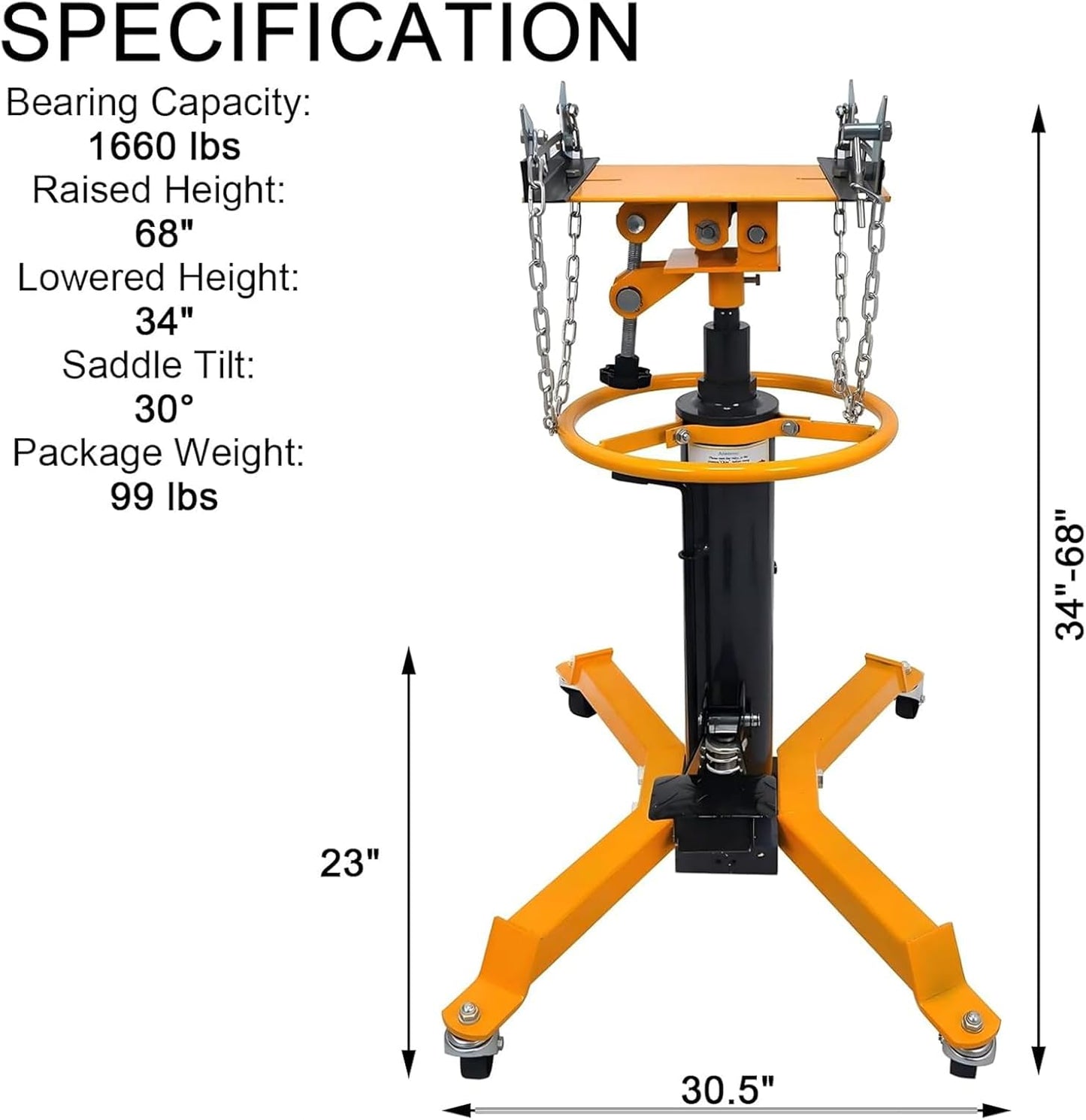Transmission Jack 1660 lbs/ 0.75 Ton Capacity Hydraulic Telescopic Transmission Jack 34" - 68" Adjustable Height Telescoping Transmission Hydraulic with 360° Swivel Wheels Lift Hoist