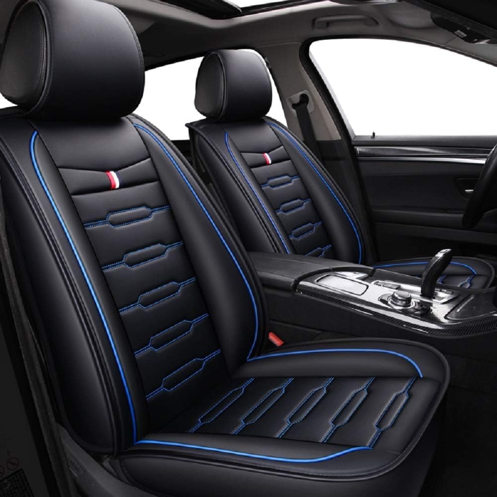 Seat Covers Full Set, Waterproof Leather Seat Covers for Cars, 5 Seats Universal Car Seat Protectors, Black Car Seat Covers Car Seat Cushions Fit for Most Cars (Black-Blue)
