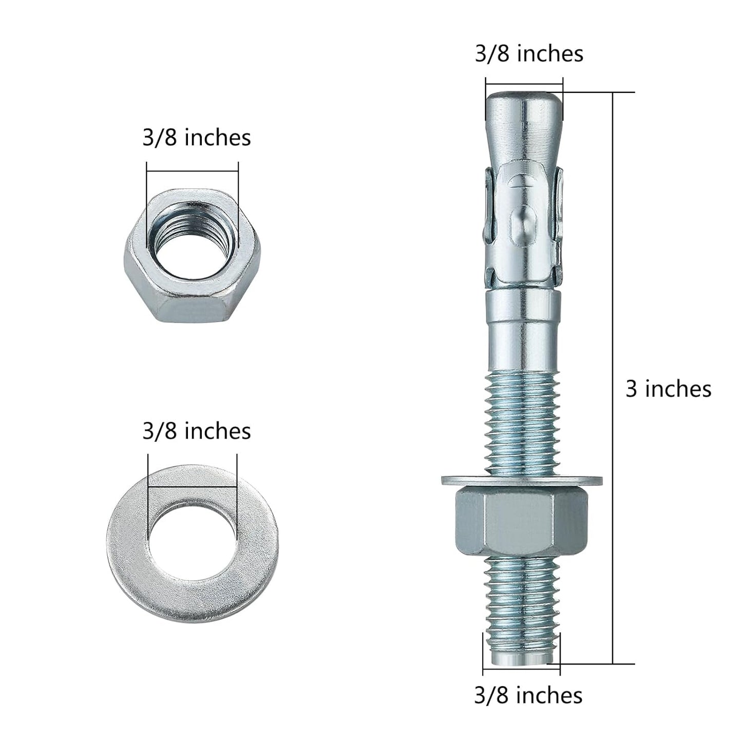 3/8x3" 10Pcs Inch Standard Fasteners for Heavy-Duty Zinc Wedge Anchors for Cement and Concrete