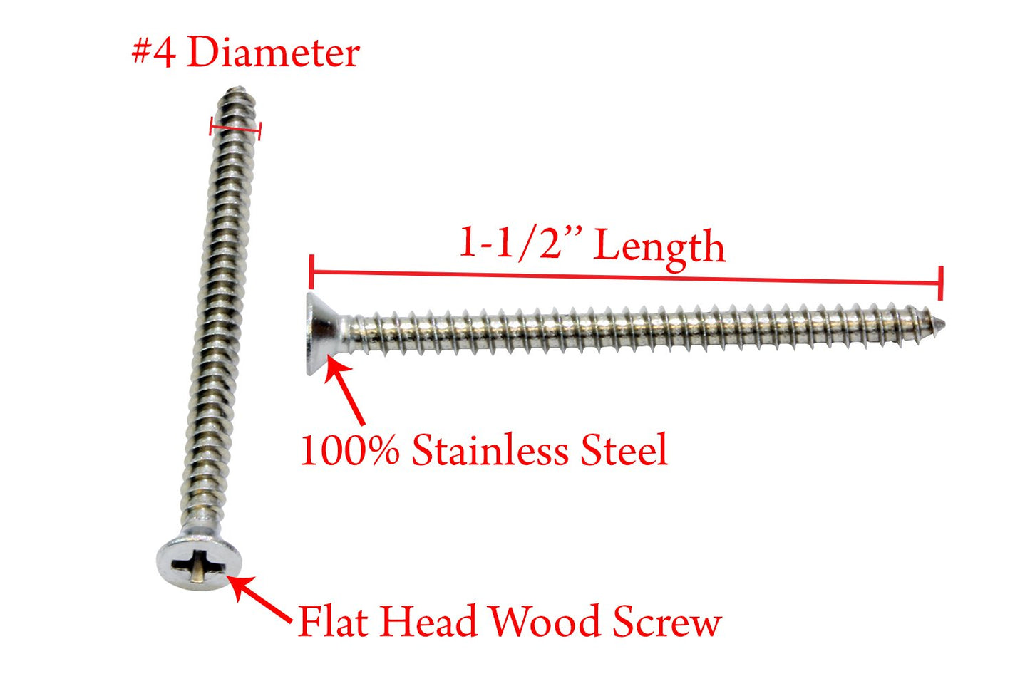 Bolt Dropper #4 x 1-1/2" Stainless Steel Flat Head Phillips Wood Screw, (100 pc), 18-8 (304) Stainless Steel Sheet Metal Screws - Type A Point, Plain Finish