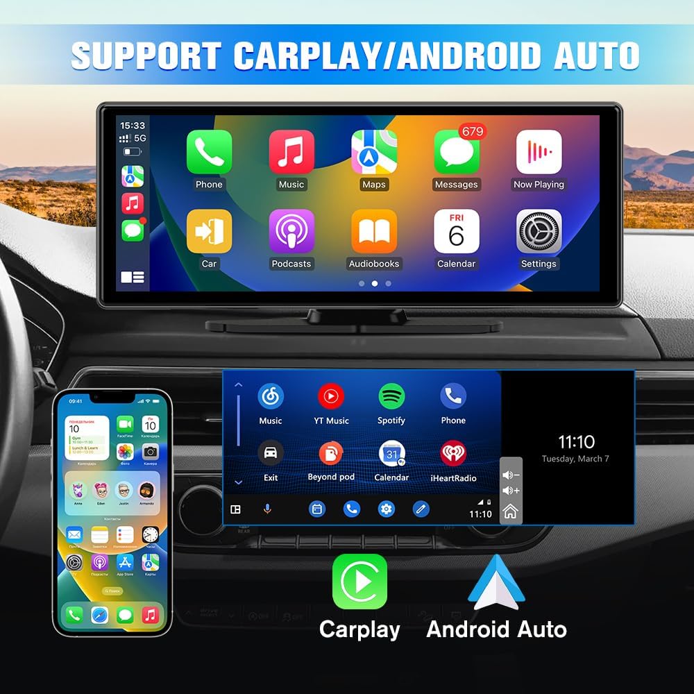 Portable Wireless CarPlay Screen for Car with 4K Dash Cam+1080P Backup Camera, 10.26”IPS Touchscreen Car Stereo, Supports CarPlay/Android Auto/Voice Control/GPS Navigation/Bluetooth/Mirror Link