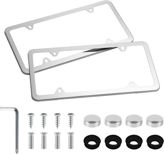 LivTee Chrome License Plate Frames, 4 Holes Stainless Steel License Plate Covers, 2PCS Car License Plate Holder, Automotive Accessories, Slim Design with Bolt and Gasket Cover for US Cars(Silver)