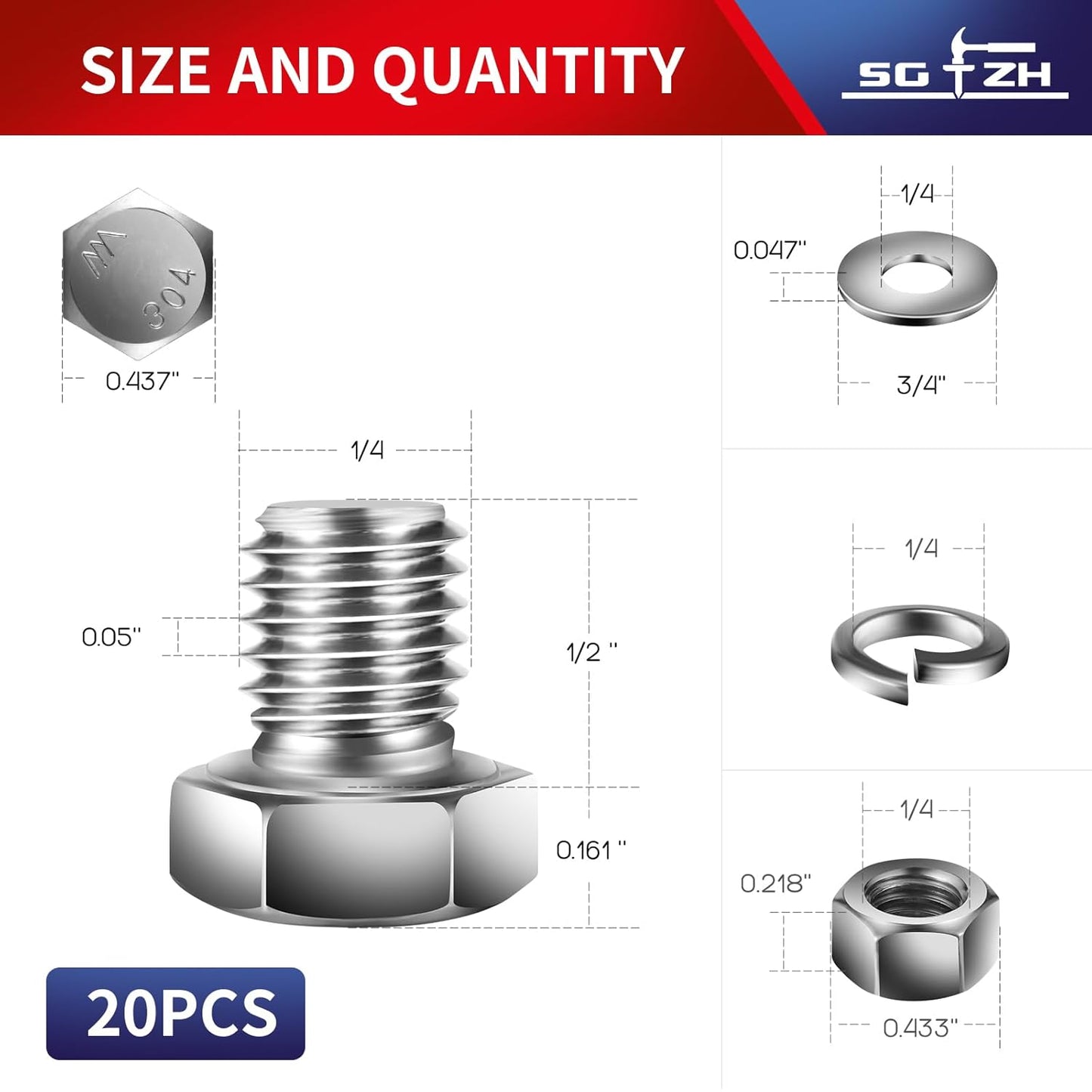 1/4-20 x 1/2" Hex Head Screw Bolt, Nuts, Flat & Lock Washers, 20Pcs 18-8 (304) Stainless Steel, Fully Threaded, by SG TZH
