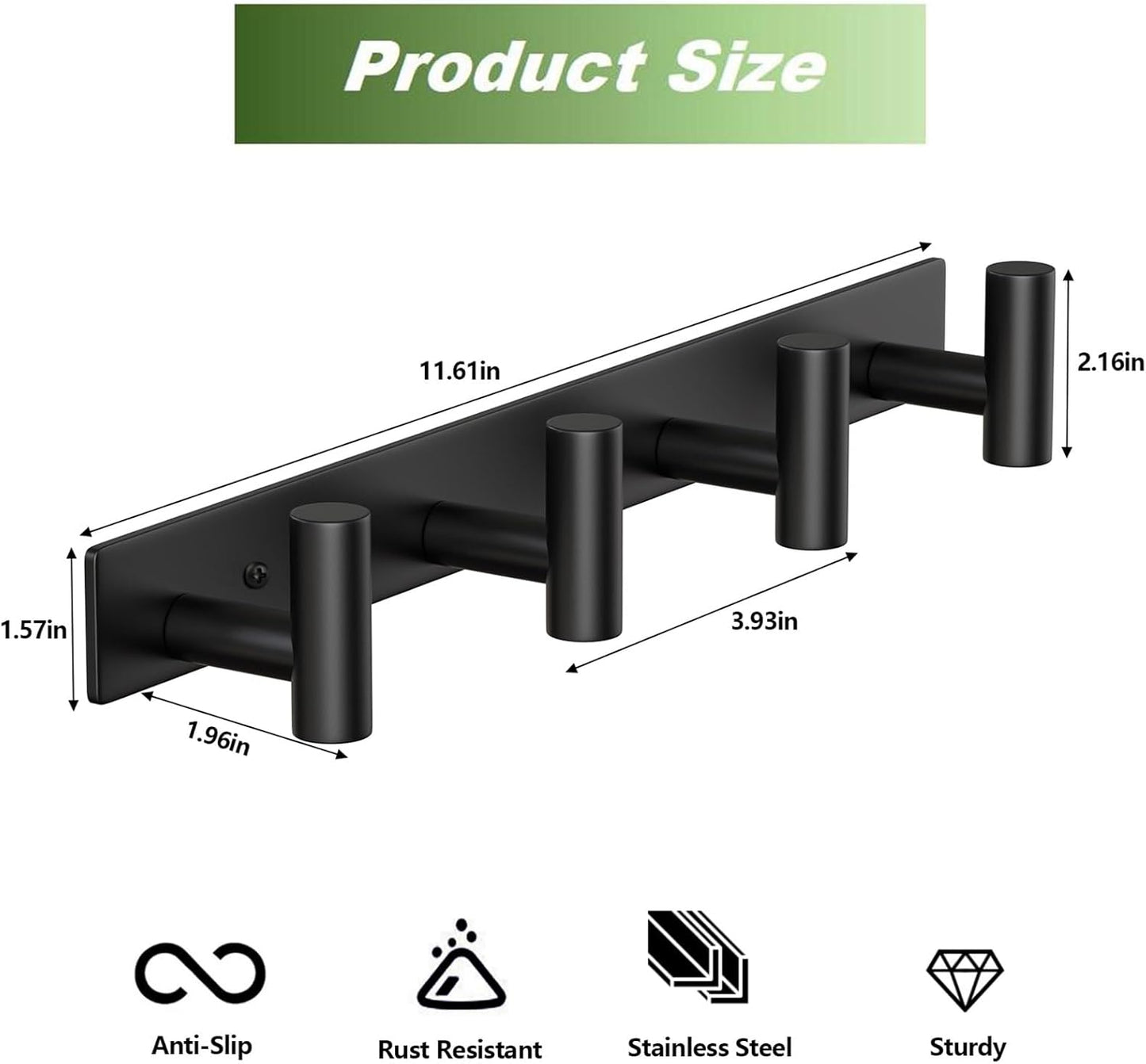 Wall Mounted Coat Rack-4 Hooks, Heavy Duty Stainless Steel Hook Rail for Towel Coat Hat Purse Bag Jacket, Towel Hooks for Entryway Bathroom Kitchen (Black 4 Hooks - 1 Pack)