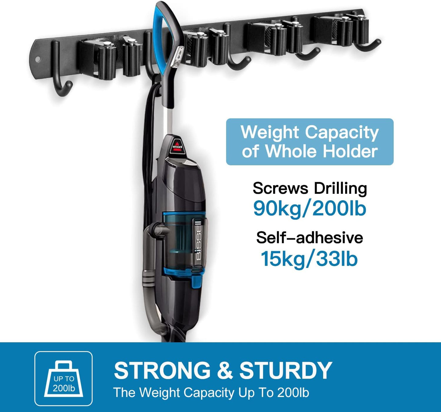 IMILLET Broom and Mop Holder Wall Mounted, Stainless Steel Broom Organizer Heavy Duty Tools Organizer Self Adhesive Mop Holder for Home Laundry Room Garage Garden (4 Racks and 5 Hooks)