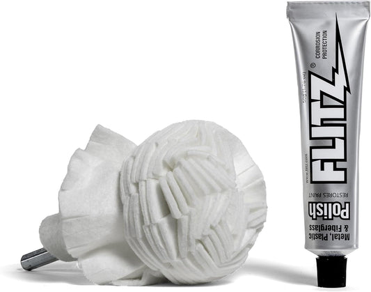 Flitz Buff Ball w/ 1.76oz Metal Polish Paste - 3in Drill Buffer Polisher Attachment for Any 3/8in Drill - Self-Cooling, Washable Polishing Ball to Buff, Shine, & Protect All Metals, Plastics (1 Pack)
