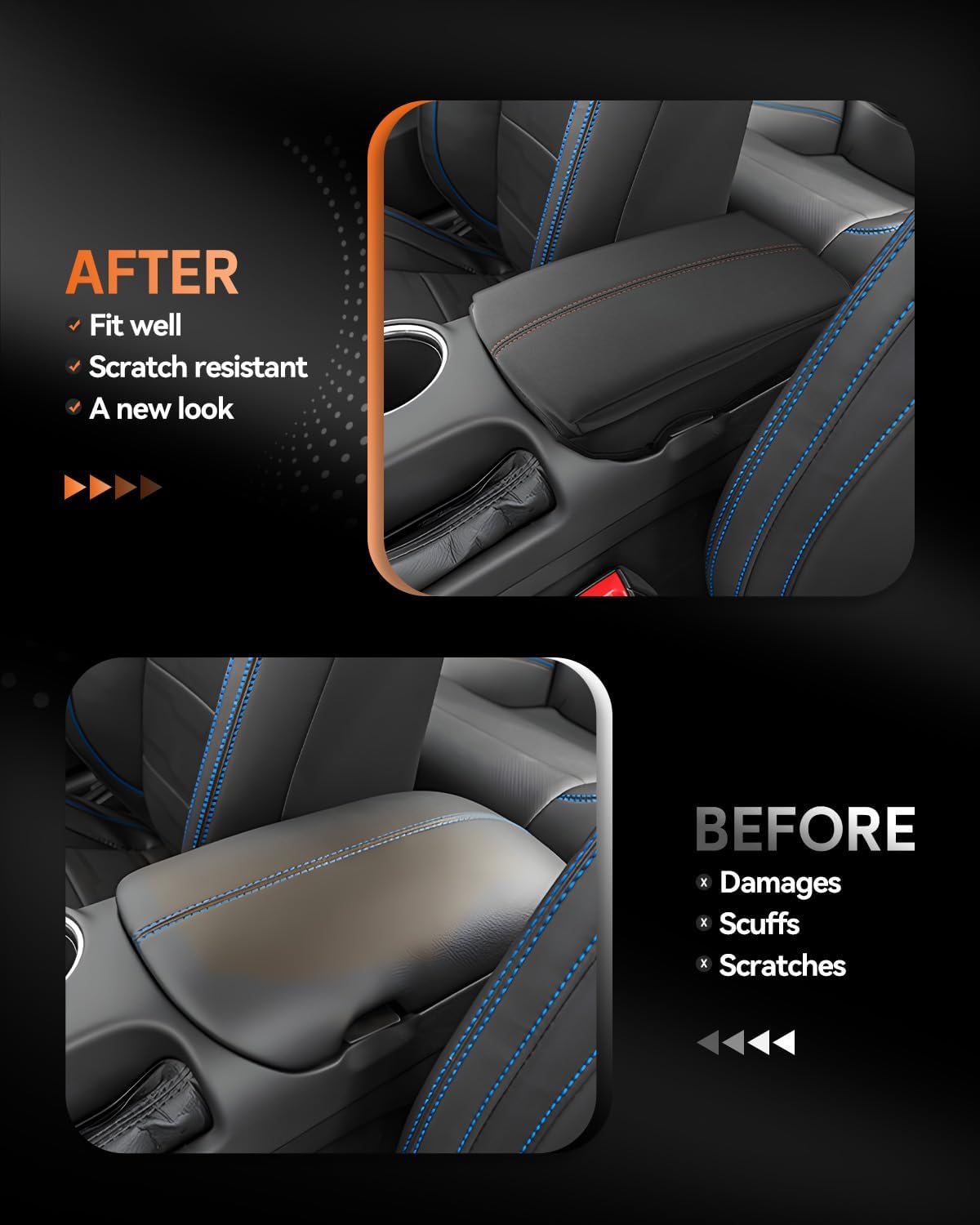 CDEFG for Ford Mustang 2024-2025 Center Console Cover Armrest Box Cover for Mustang 2024 2025 Accessories Console Arm Rest Protector Thickened Orange Line