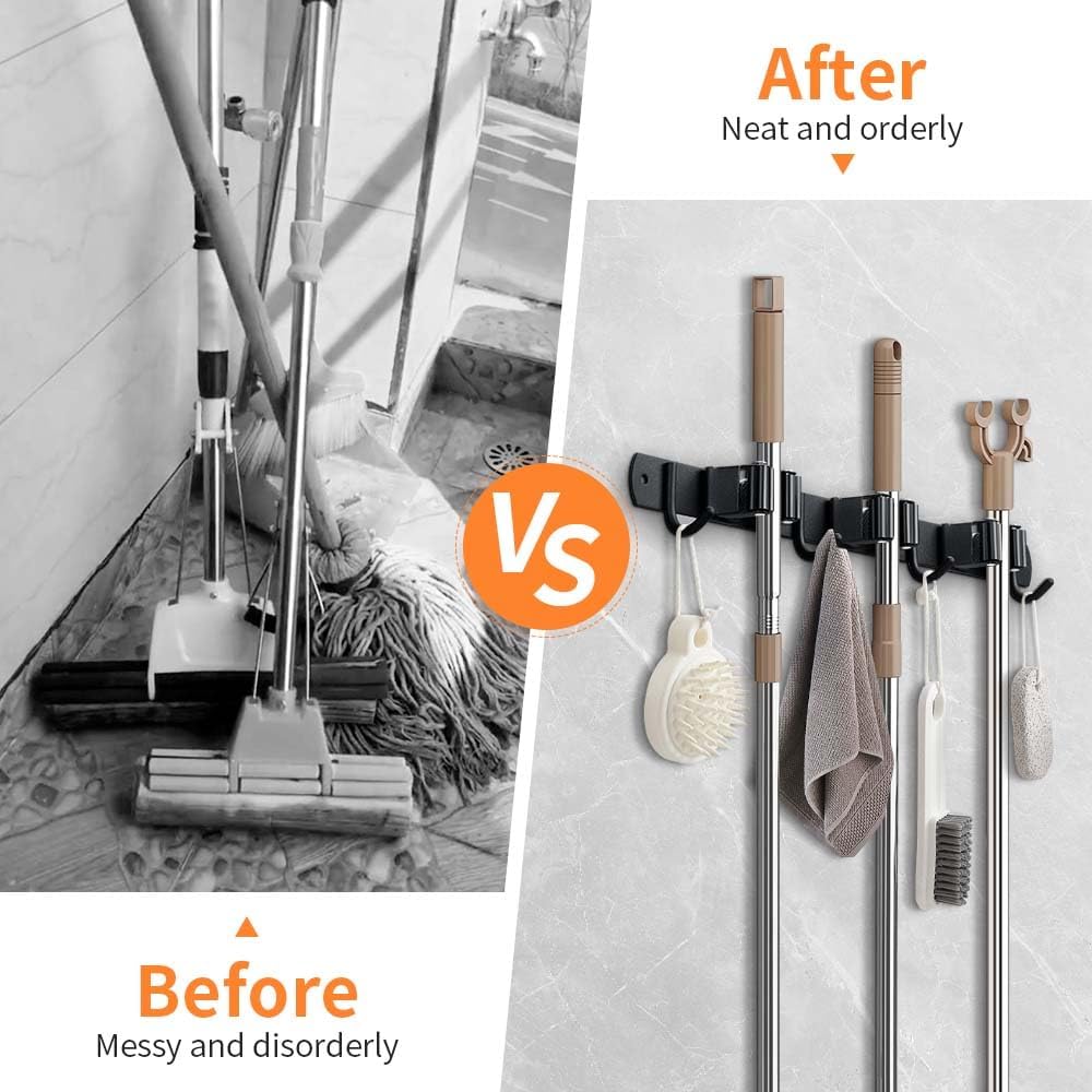 Broom Hanger and Mop Holder, Heavy Duty Garden Tool Organizer Rack Rake and Shovel Handle, Stainless Steel Wall Mounted Utility Rack with Screws (3 Racks with 4 Hooks, Matte Black).