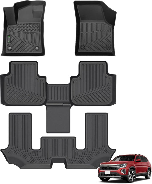 ANBINGO® Floor Mats Custom Fit for VW Atlas 2018-2025 6 Passenger Bucket All Weather Guard Car Mats TPE Automotive Floor Liners Front& Rear& 3rd Row Full Set VW Atlas Accessories-Black