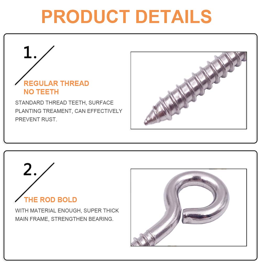 6-Pack 304 Stainless Steel Screw Eyes 3.2", Heavy Duty Screw in Eye Hooks Ring for Yoga, Swing Chair, Indoor & Outdoor, Self Tapping