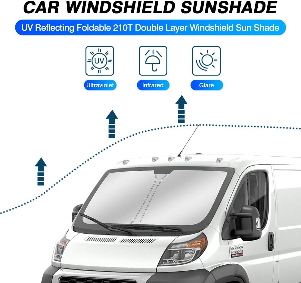 KUST Windshield Sun Shade for 2014-2025 2026 Dodge RAM ProMaster Accessories Full Size Cargo Van Chassis Cab Cutaway Window Van Sunshade Foldable Sun Visor Protector Blocks UV Rays Keep Car Cooler