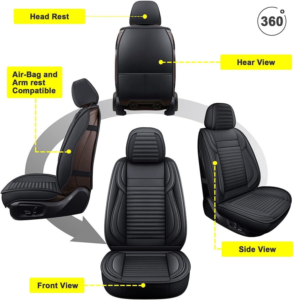 LINGVIDO Car Seat Covers, Breathable and Waterproof Faux Leather Automotive Seat Covers for Cars SUV Pick-up Truck Sedan,Universal Anti-Slip Driver Seat Cover with Backrest (Full Seat, Black)