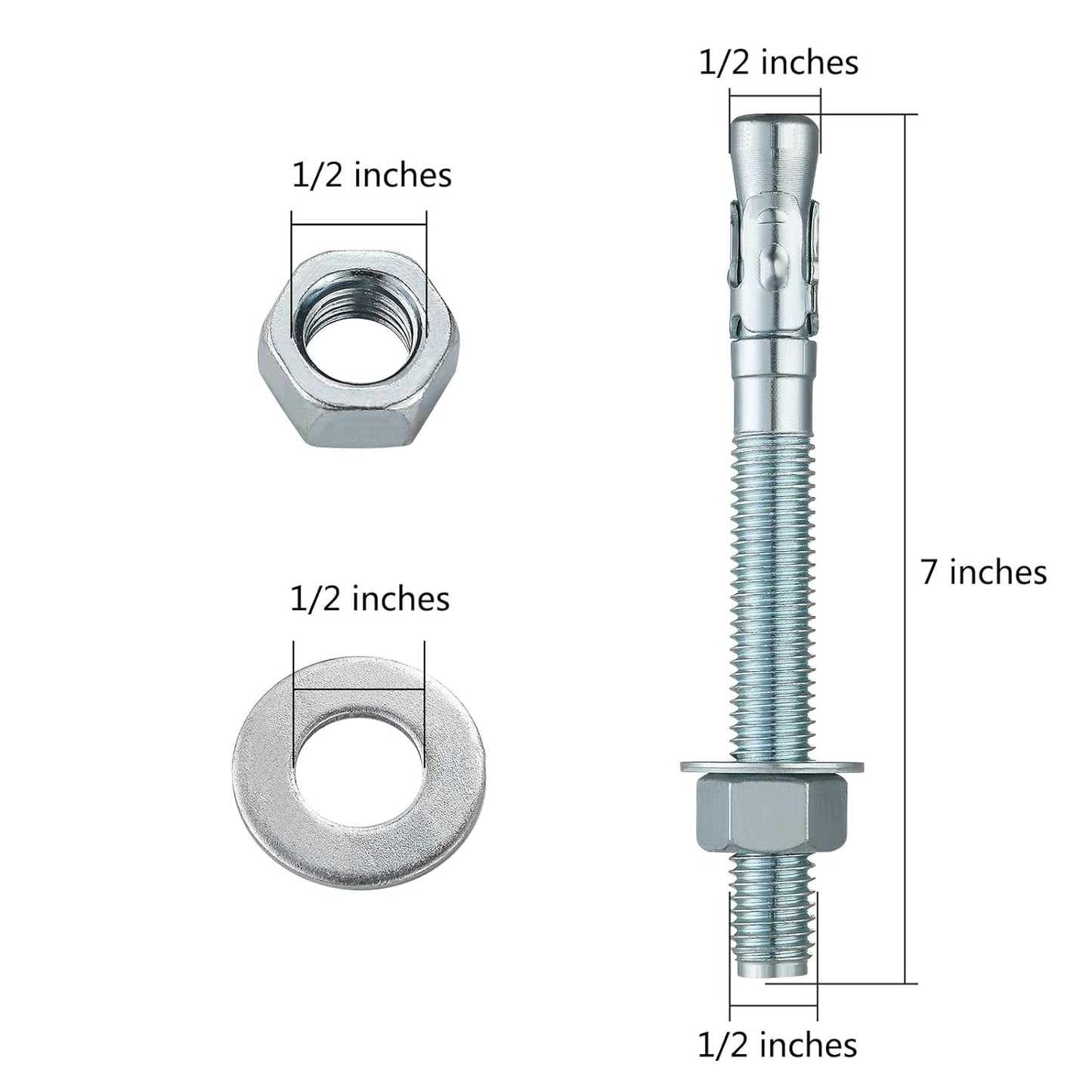 1/2x7" 50Pcs Inch Standard Fasteners for Heavy-Duty Zinc Wedge Anchors for Cement and Concrete