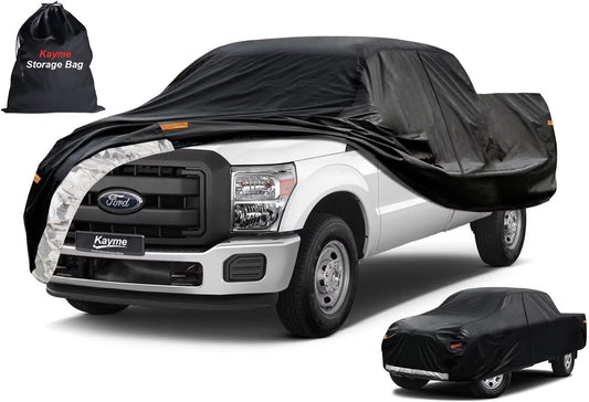Kayme Truck Cover Custom Fit Ford F-250(2001-2025) Crew Cab Short Bed. Full Exterior Heavy Duty Outdoor Pickup Truck Car Cover Waterproof All Weather.Car Tarp for Wind Sun Dust Protection.Black